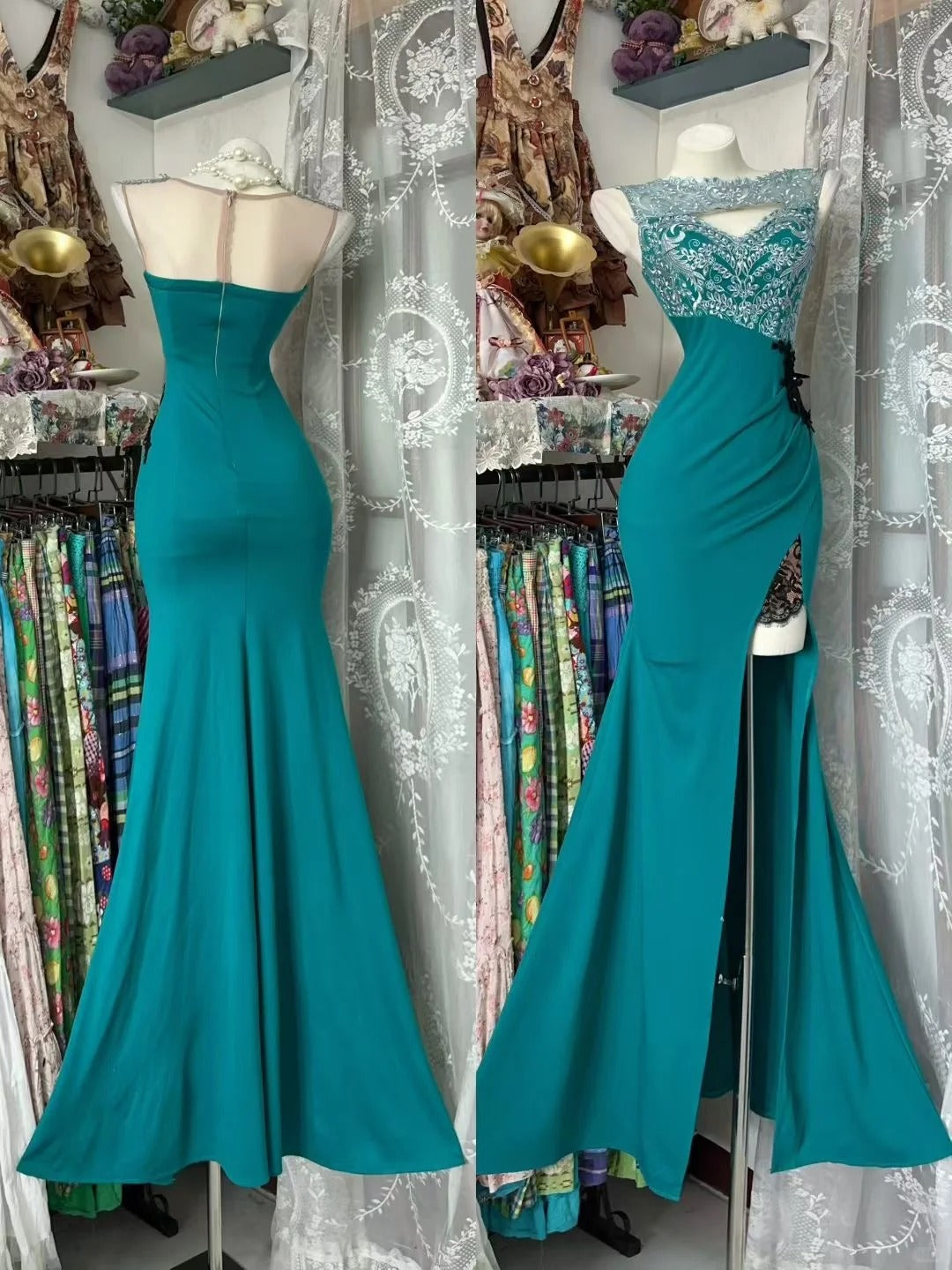 Retro Classy Mermaid Jewel Slit Blue Satin With Silver Beaded Crystals 1950s Prom Dresses Formal Gowns N847
