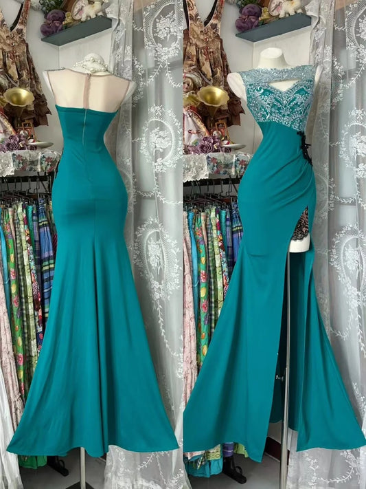 Retro Classy Mermaid Jewel Slit Blue Satin With Silver Beaded Crystals 1950s Prom Dresses Formal Gowns N847