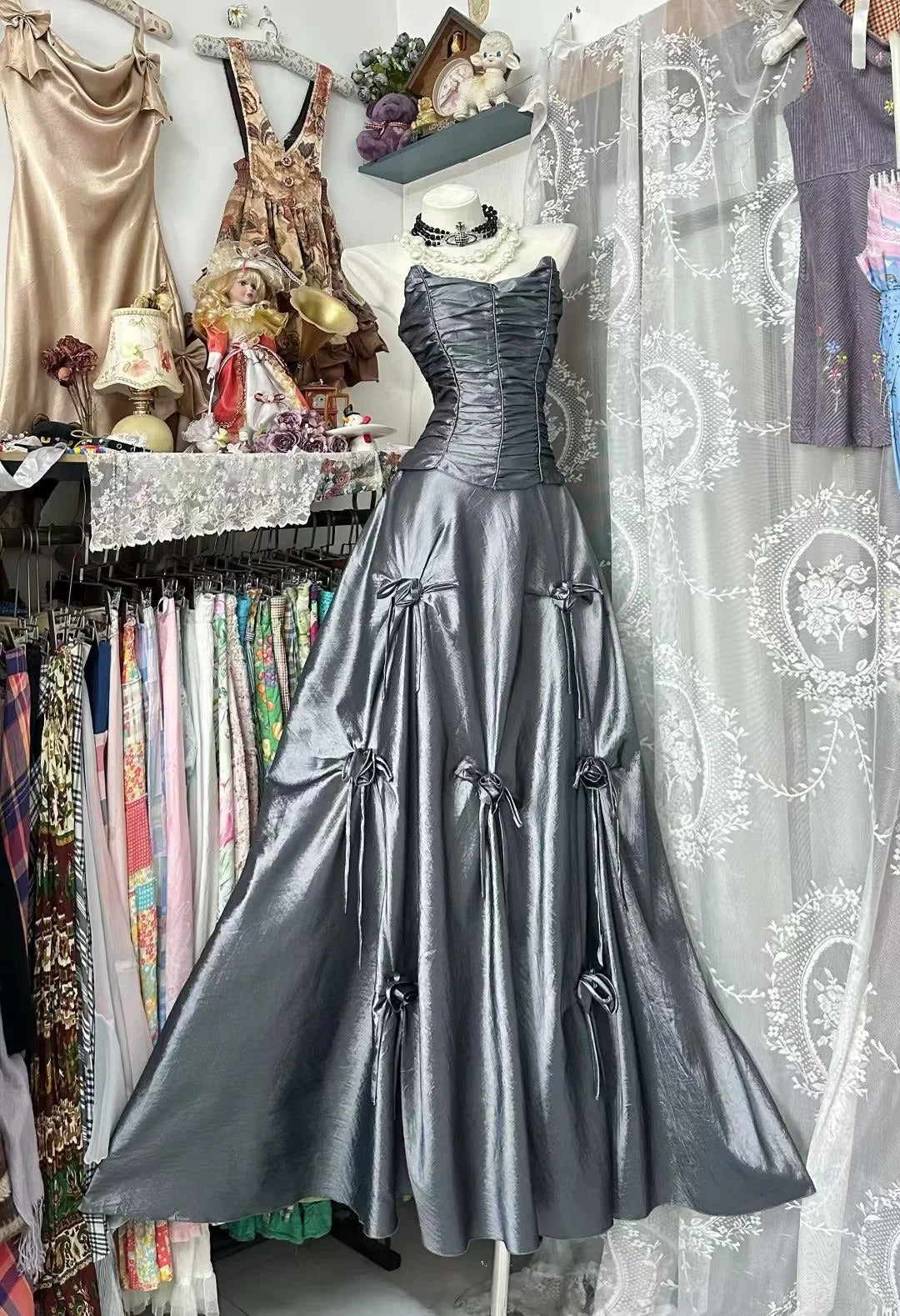 Modest Ball Gown Strapless Silver Gray Satin Long Prom Dresses Party D – RubyFashionDress