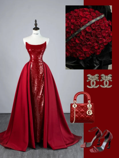 Sparkly Mermaid Strapless Burgundy Sequin Pleated With Train Satin Long Prom Dresses Formal Gowns N848