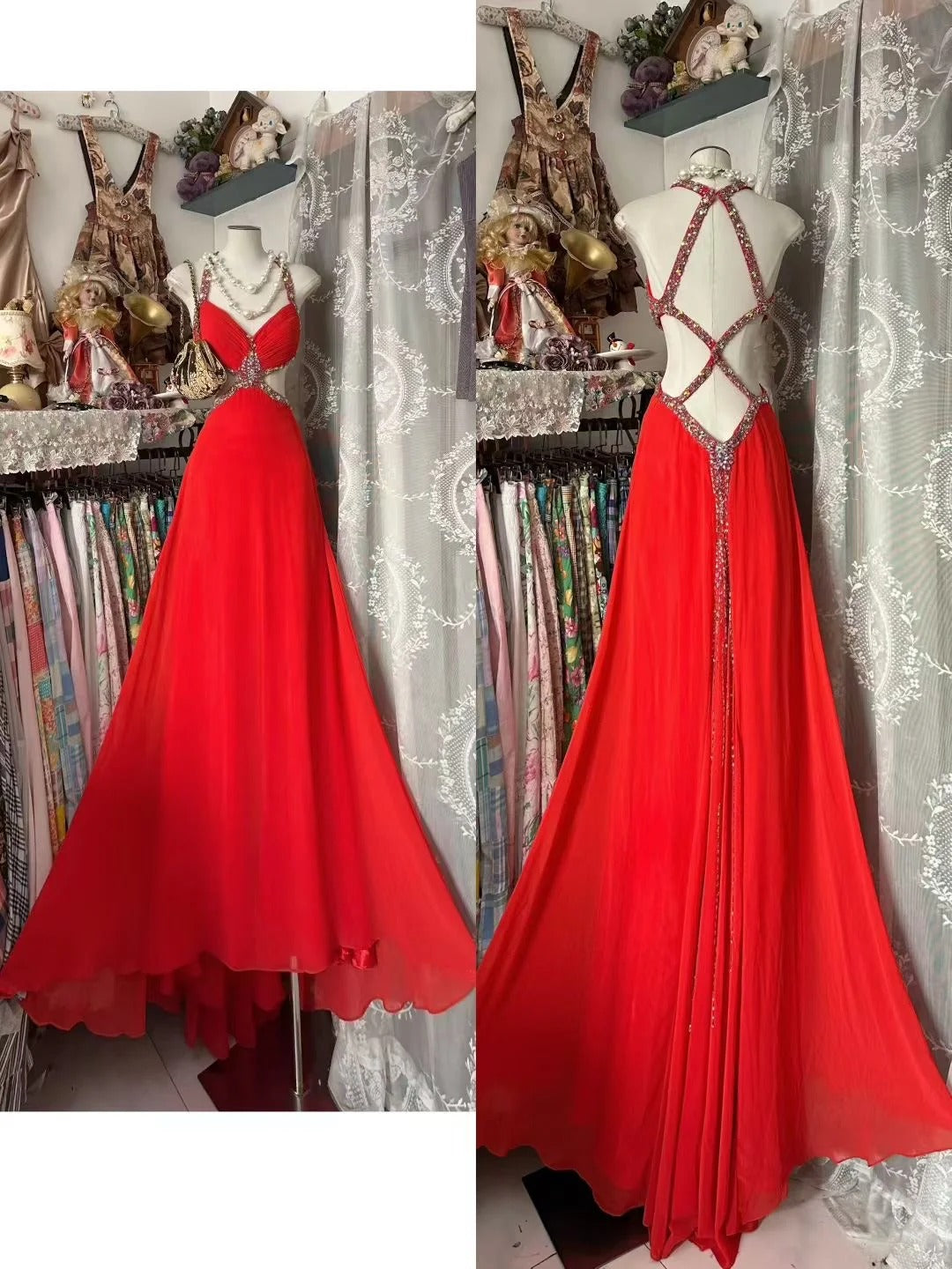 Retro Classy A Line Sweetheart With Straps 1950s Red Chiffon Long Prom Dresses Formal Gowns N838