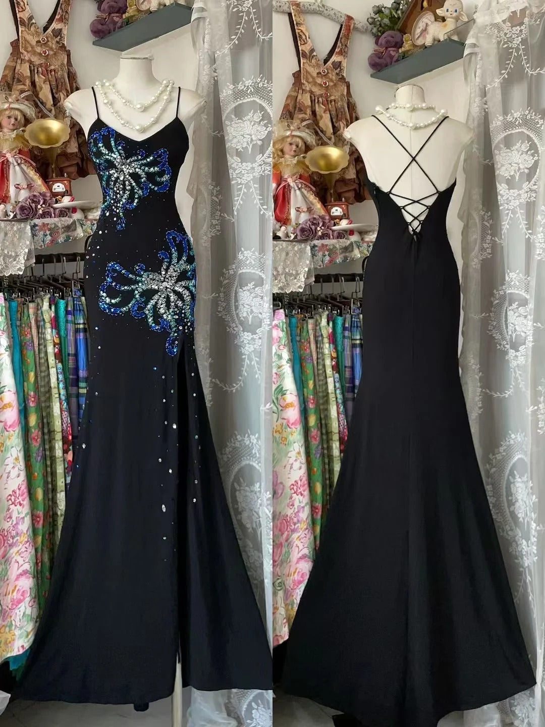Retro Classy Mermaid Spaghetti Strap Black 1950s With Slit Long Prom Dresses Formal Gowns N839