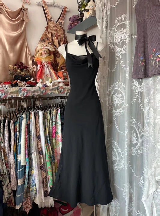 Retro Classy Mermaid Spaghetti Strap Black 1950s Chiffon Long Prom Dresses Formal Gowns N841