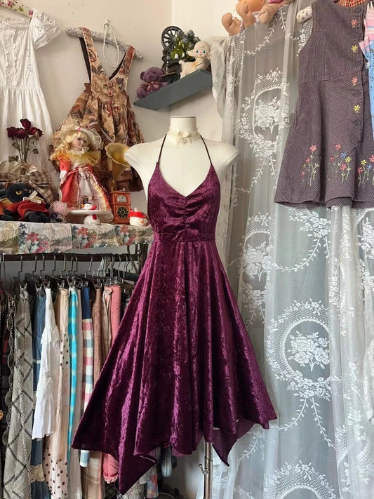 Retro Classy A Line Halter Velvet Grape 1950s Prom Dresses Formal Gowns N842
