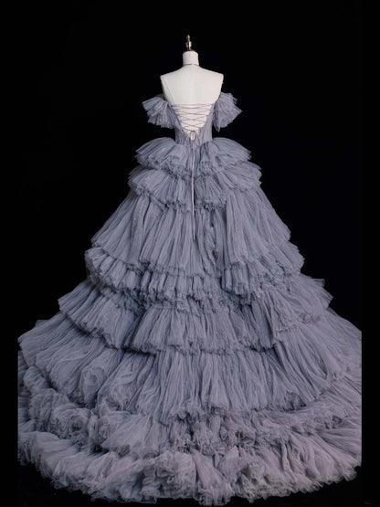 Modest Ball Gown Off The Shoulder Grey Tulle Long Prom Dresses Party Dress 21st Birthday Outfits Graduation Gown N852