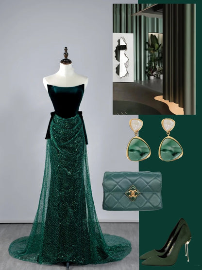 Glitter Mermaid Strapless Dark Green Sequin Pleated Long Prom Dresses Formal Gowns N850