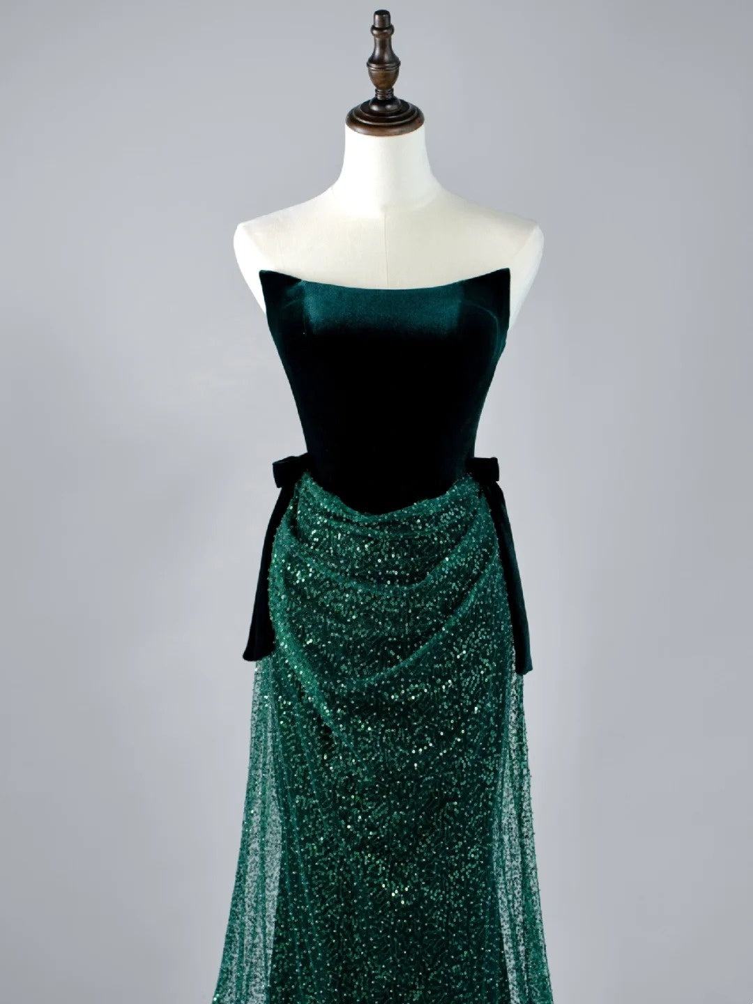 Glitter Mermaid Strapless Dark Green Sequin Pleated Long Prom Dresses Formal Gowns N850