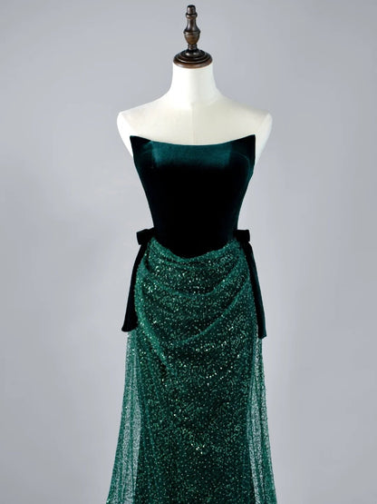 Glitter Mermaid Strapless Dark Green Sequin Pleated Long Prom Dresses Formal Gowns N850