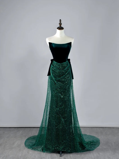 Glitter Mermaid Strapless Dark Green Sequin Pleated Long Prom Dresses Formal Gowns N850