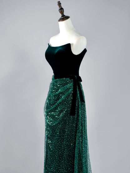 Glitter Mermaid Strapless Dark Green Sequin Pleated Long Prom Dresses Formal Gowns N850