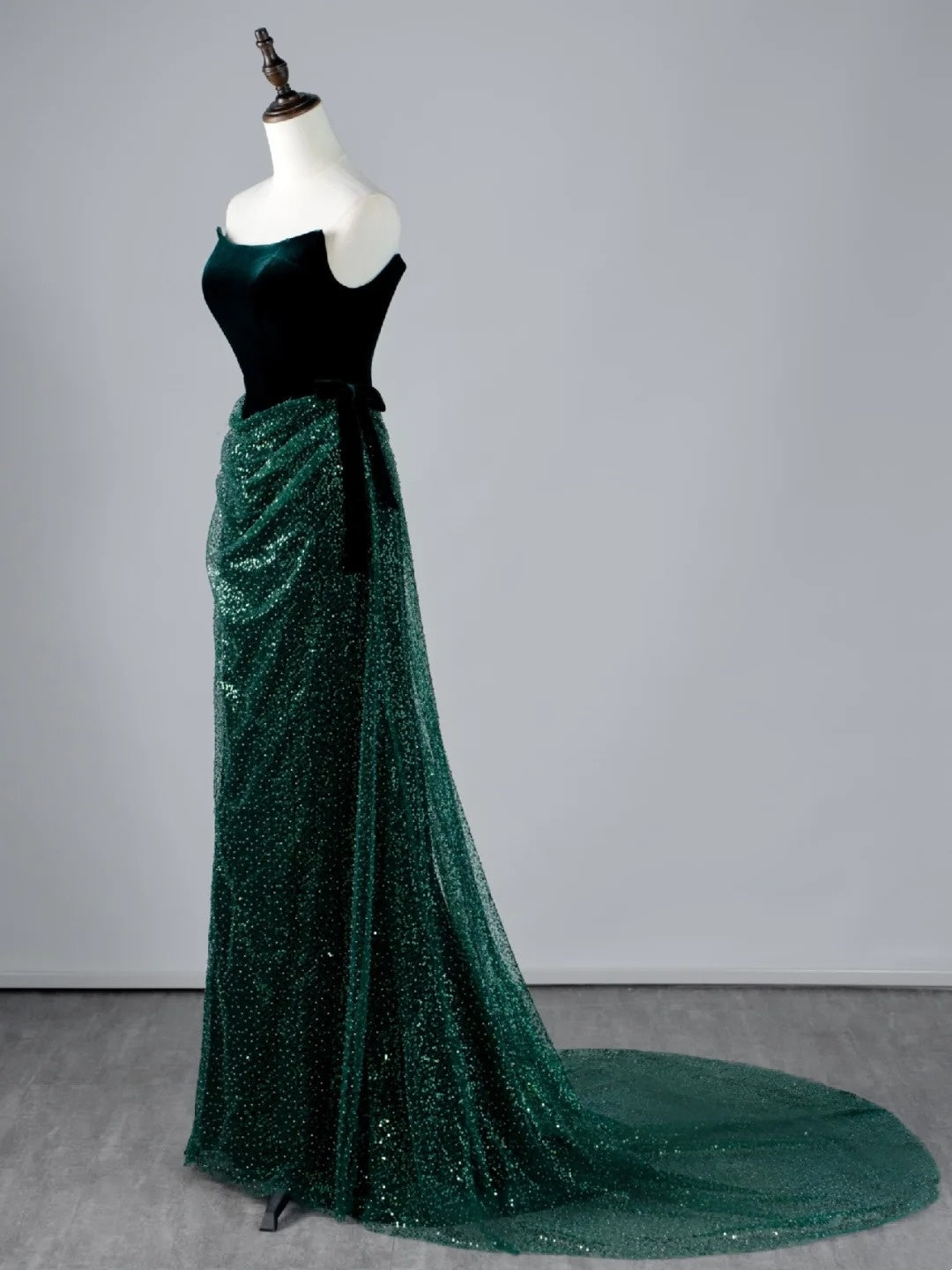 Glitter Mermaid Strapless Dark Green Sequin Pleated Long Prom Dresses Formal Gowns N850