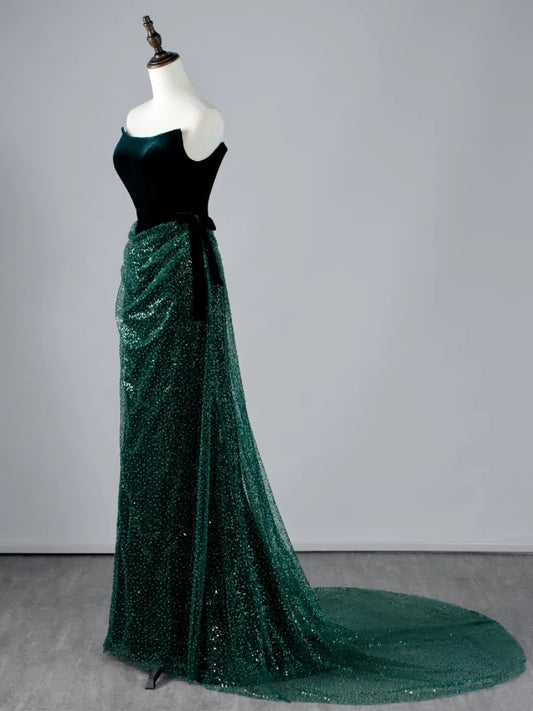 Glitter Mermaid Strapless Dark Green Sequin Pleated Long Prom Dresses Formal Gowns N850