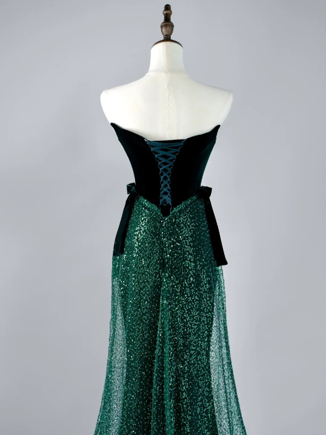 Glitter Mermaid Strapless Dark Green Sequin Pleated Long Prom Dresses Formal Gowns N850