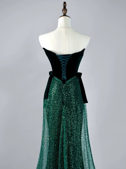 Glitter Mermaid Strapless Dark Green Sequin Pleated Long Prom Dresses Formal Gowns N850