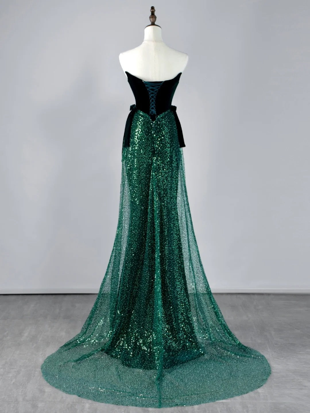 Glitter Mermaid Strapless Dark Green Sequin Pleated Long Prom Dresses Formal Gowns N850