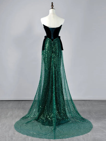 Glitter Mermaid Strapless Dark Green Sequin Pleated Long Prom Dresses Formal Gowns N850