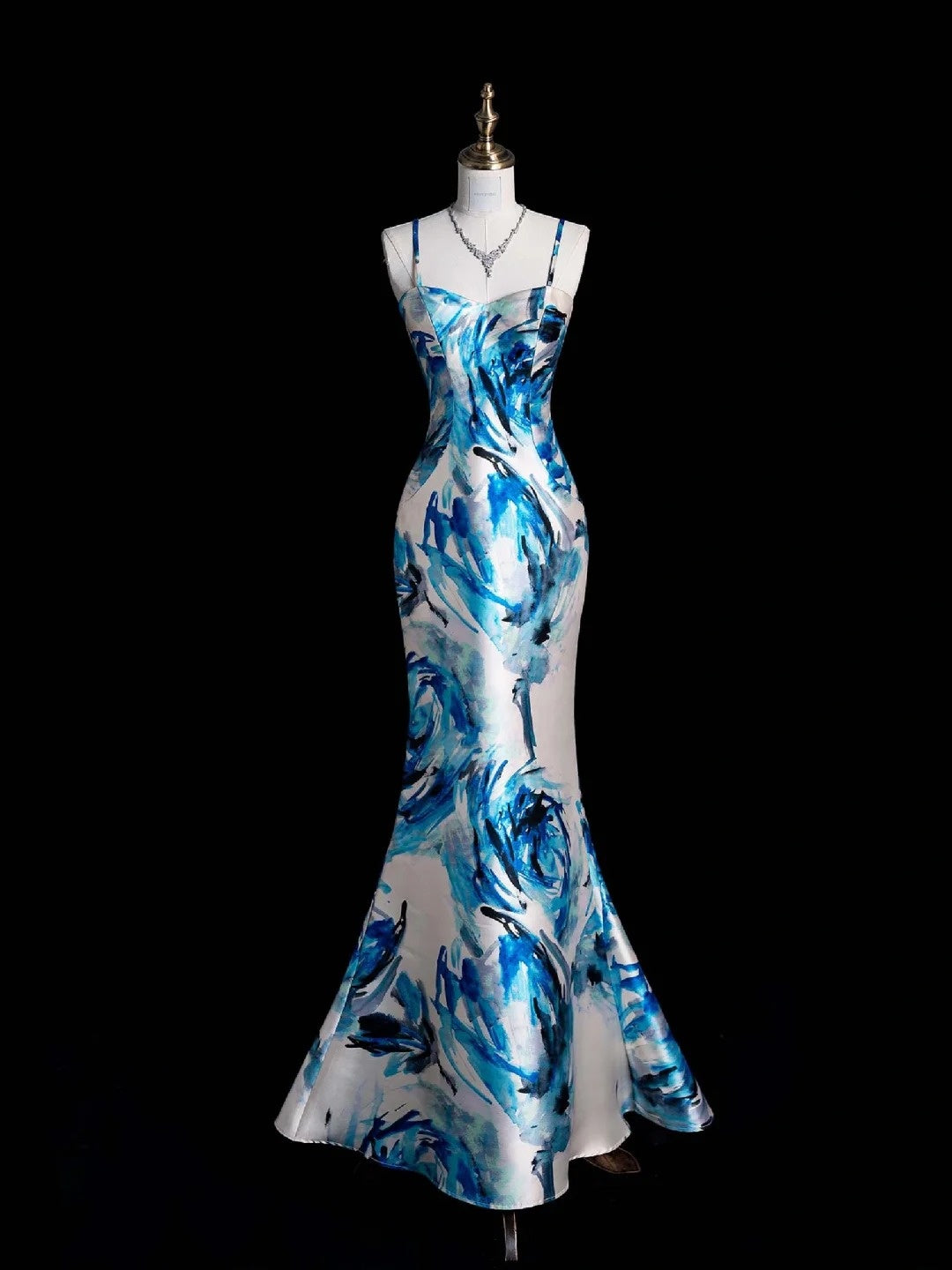 Retro Classy Mermaid Spaghetti Strap Floral Blue Satin 1950s Prom Dresses Formal Gowns N853