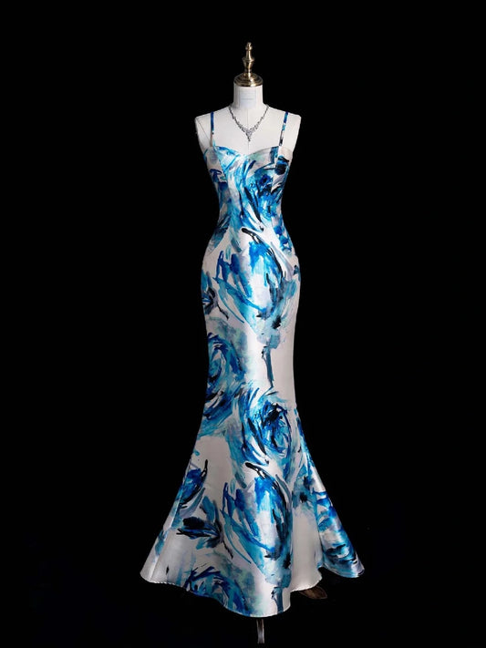 Retro Classy Mermaid Spaghetti Strap Floral Blue Satin 1950s Prom Dresses Formal Gowns N853