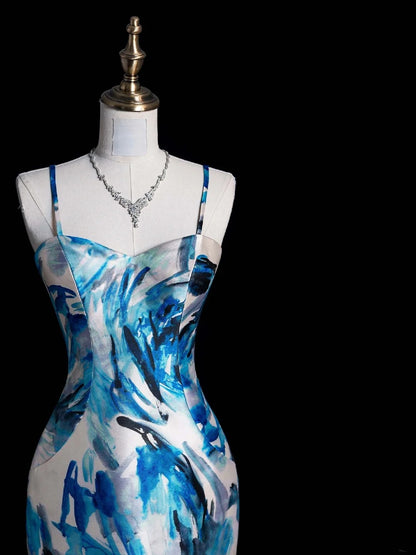 Retro Classy Mermaid Spaghetti Strap Floral Blue Satin 1950s Prom Dresses Formal Gowns N853