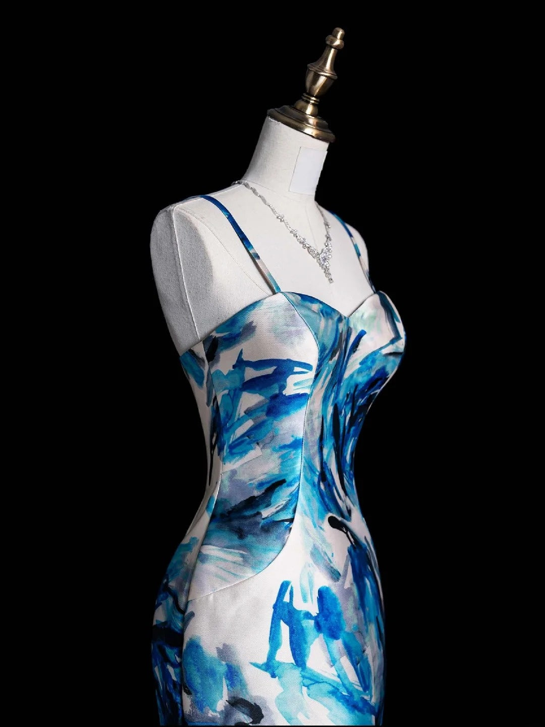 Retro Classy Mermaid Spaghetti Strap Floral Blue Satin 1950s Prom Dresses Formal Gowns N853