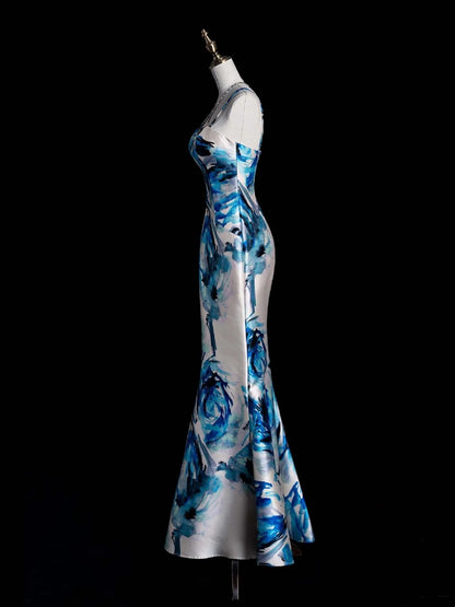 Retro Classy Mermaid Spaghetti Strap Floral Blue Satin 1950s Prom Dresses Formal Gowns N853