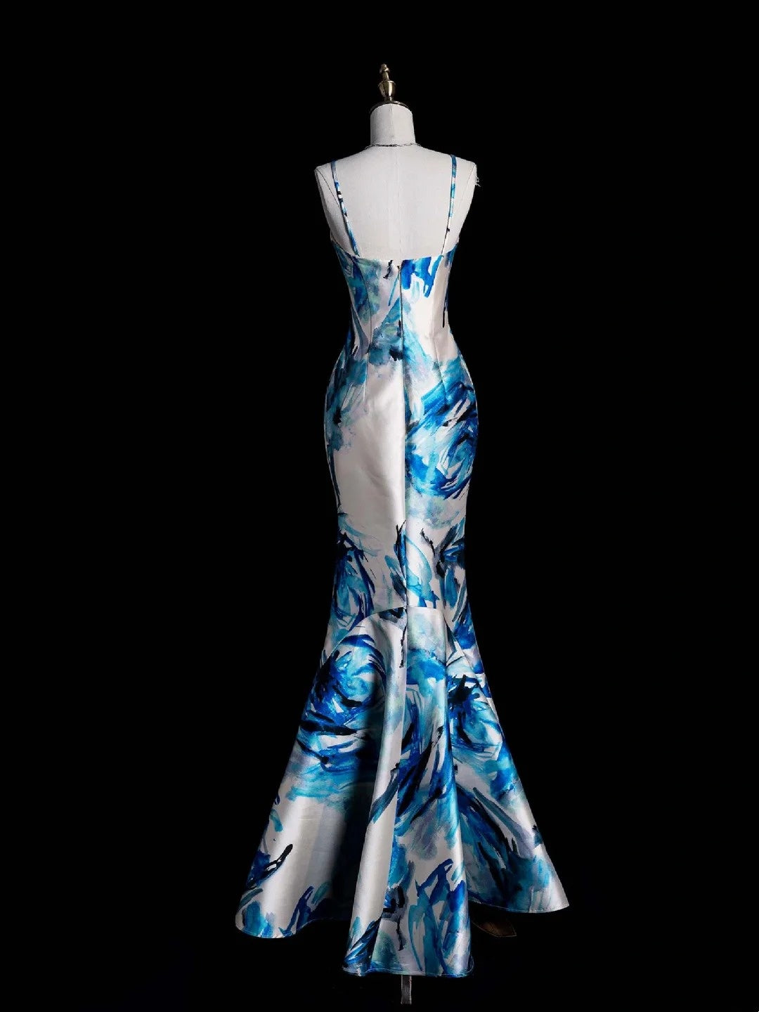 Retro Classy Mermaid Spaghetti Strap Floral Blue Satin 1950s Prom Dresses Formal Gowns N853