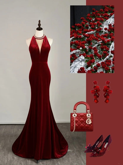 Simple Mermaid Jewel Burgundy Velvet With Beadings Long Prom Dresses Formal Gowns N854