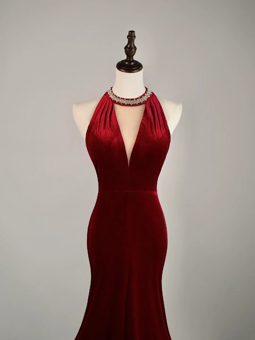 Simple Mermaid Jewel Burgundy Velvet With Beadings Long Prom Dresses Formal Gowns N854