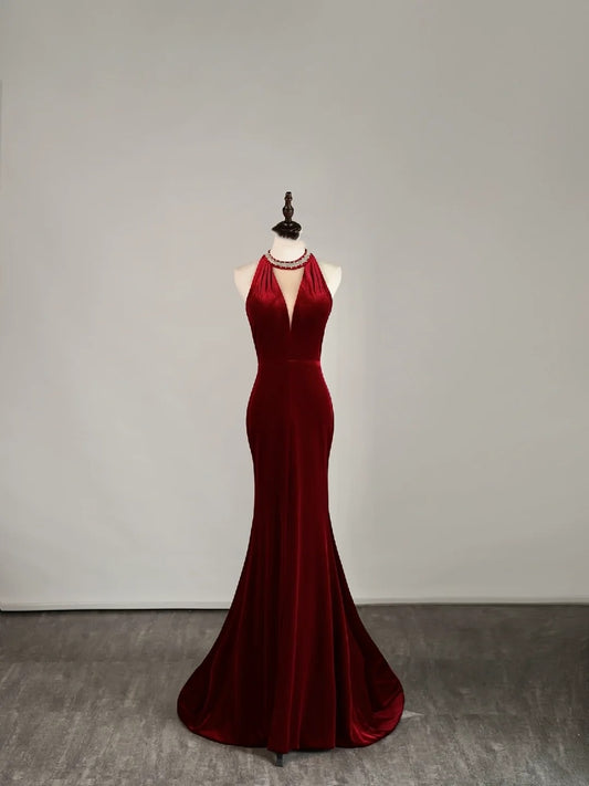 Simple Mermaid Jewel Burgundy Velvet With Beadings Long Prom Dresses Formal Gowns N854