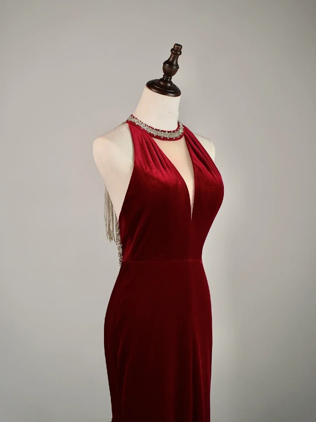 Simple Mermaid Jewel Burgundy Velvet With Beadings Long Prom Dresses Formal Gowns N854