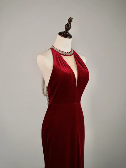 Simple Mermaid Jewel Burgundy Velvet With Beadings Long Prom Dresses Formal Gowns N854