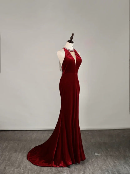 Simple Mermaid Jewel Burgundy Velvet With Beadings Long Prom Dresses Formal Gowns N854