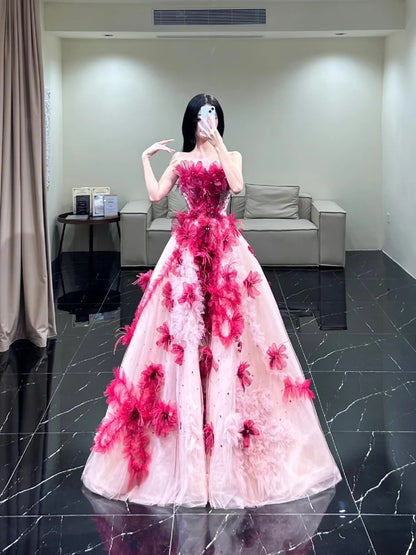 Modest Ball Gown Strapless Pink Flowers Tulle Long Prom Dresses Party Dress 21st Birthday Outfits Graduation Gown N855