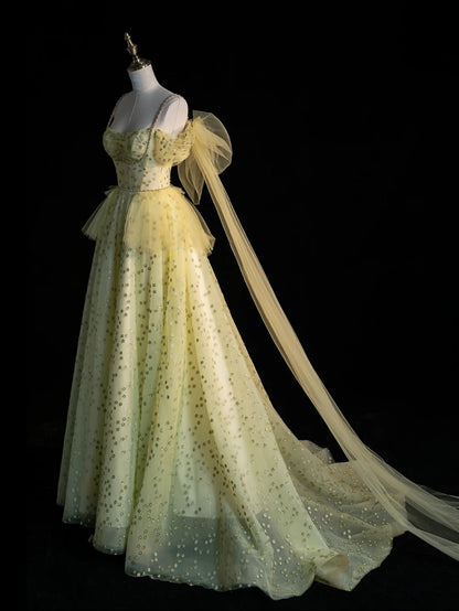 Princess Ball Gown Spaghetti Strap Yellow Tulle Long Prom Dresses Party Dress 21st Birthday Outfits Graduation Gown N856
