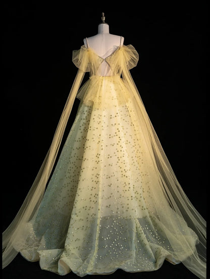 Princess Ball Gown Spaghetti Strap Yellow Tulle Long Prom Dresses Party Dress 21st Birthday Outfits Graduation Gown N856