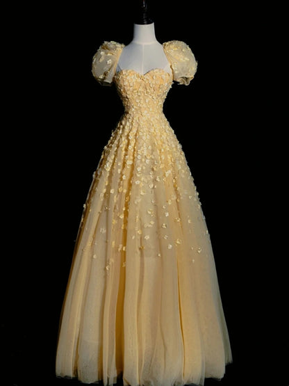 Princess Ball Gown Sweetheart Yellow Tulle Long Prom Dresses Party Dress 18th Birthday Outfits Graduation Gown N857