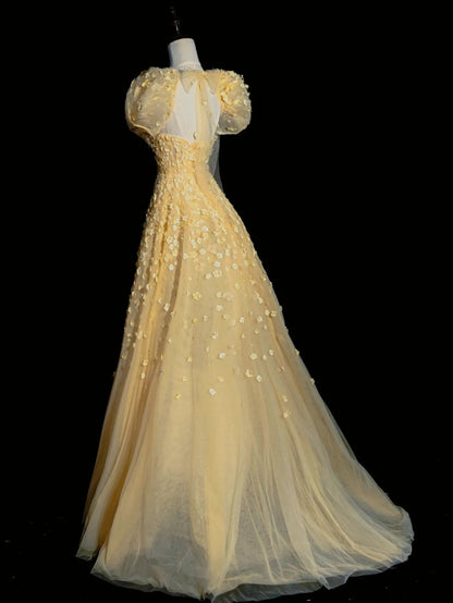 Princess Ball Gown Sweetheart Yellow Tulle Long Prom Dresses Party Dress 18th Birthday Outfits Graduation Gown N857