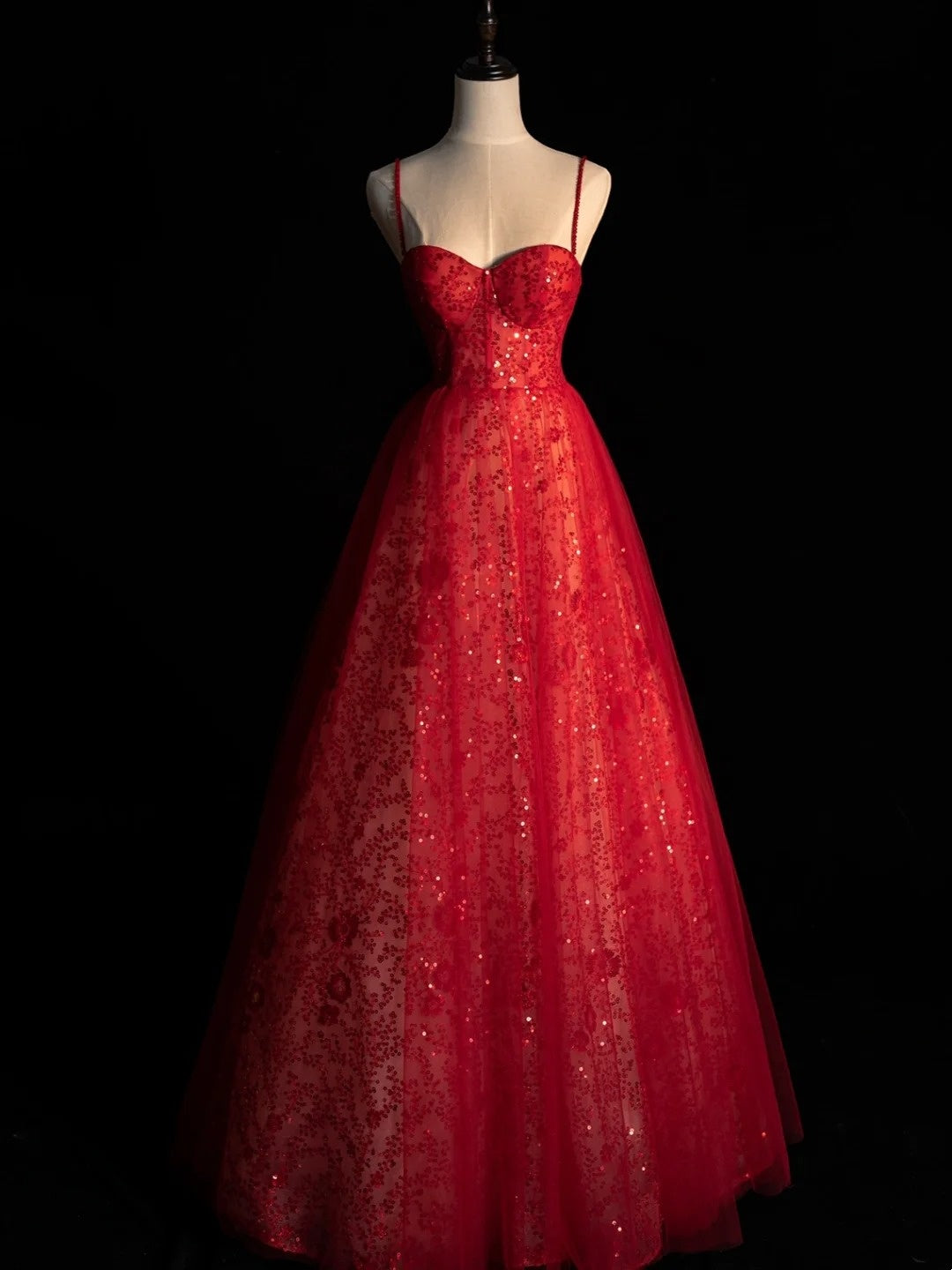 Princess Ball Gown Spaghetti Strap Sequin Red Tulle Long Prom Dresses Party Dress 18th Birthday Outfits Graduation Gown N860