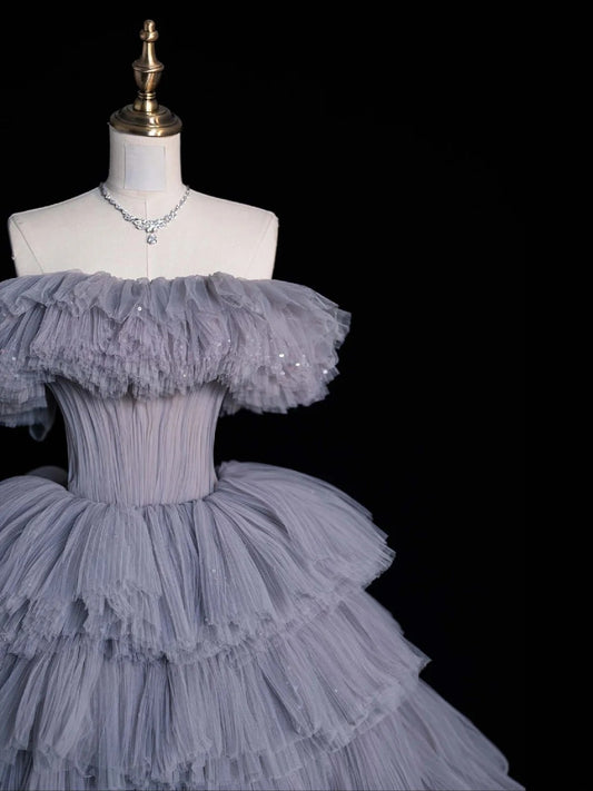 Modest Ball Gown Off The Shoulder Grey Tulle Long Prom Dresses Party Dress 21st Birthday Outfits Graduation Gown N852