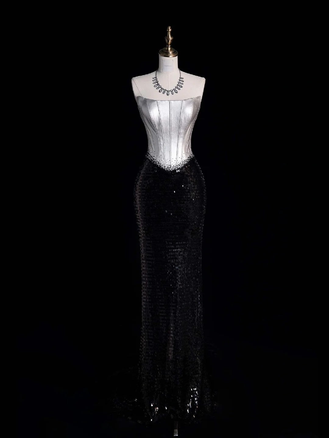 Retro Classy Mermaid Strapless Silver Gray Satin Black Sequined 1950s Long Prom Dresses Formal Gowns N864