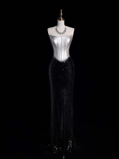 Retro Classy Mermaid Strapless Silver Gray Satin Black Sequined 1950s Long Prom Dresses Formal Gowns N864