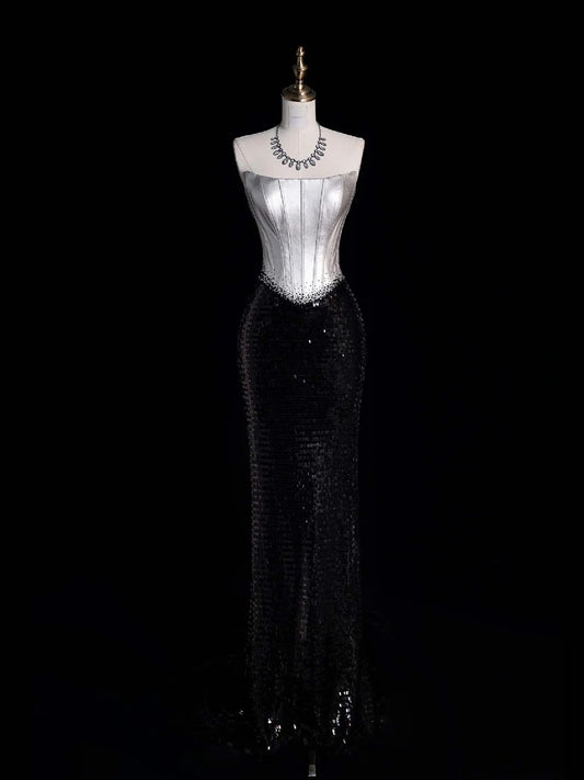 Retro Classy Mermaid Strapless Silver Gray Satin Black Sequined 1950s Long Prom Dresses Formal Gowns N864