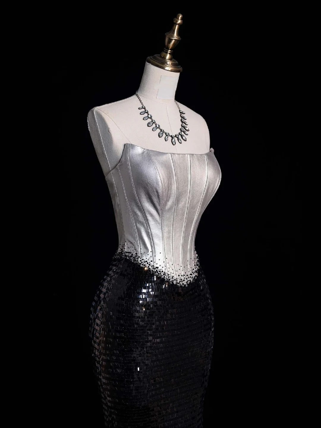 Retro Classy Mermaid Strapless Silver Gray Satin Black Sequined 1950s Long Prom Dresses Formal Gowns N864
