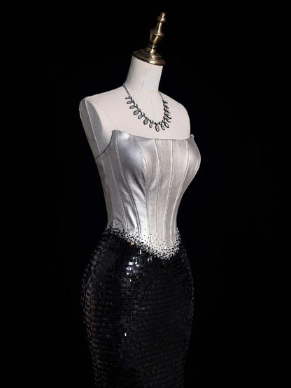 Retro Classy Mermaid Strapless Silver Gray Satin Black Sequined 1950s Long Prom Dresses Formal Gowns N864