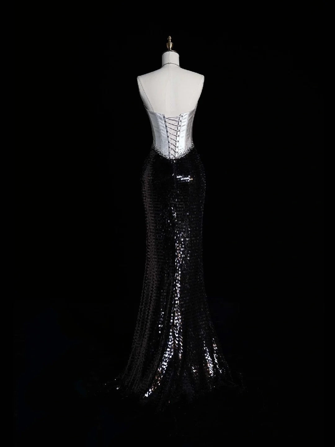 Retro Classy Mermaid Strapless Silver Gray Satin Black Sequined 1950s Long Prom Dresses Formal Gowns N864