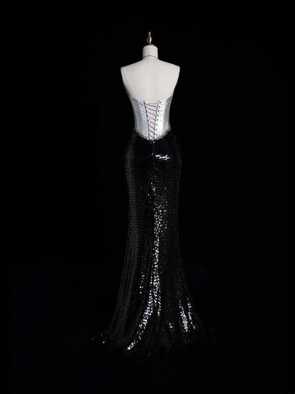 Retro Classy Mermaid Strapless Silver Gray Satin Black Sequined 1950s Long Prom Dresses Formal Gowns N864
