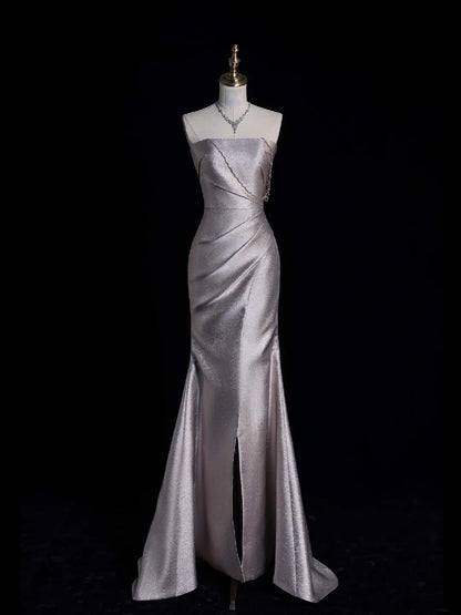 Retro Classy Mermaid Strapless Silver Gray Satin With Slit 1950s Long Prom Dresses Formal Gowns N865