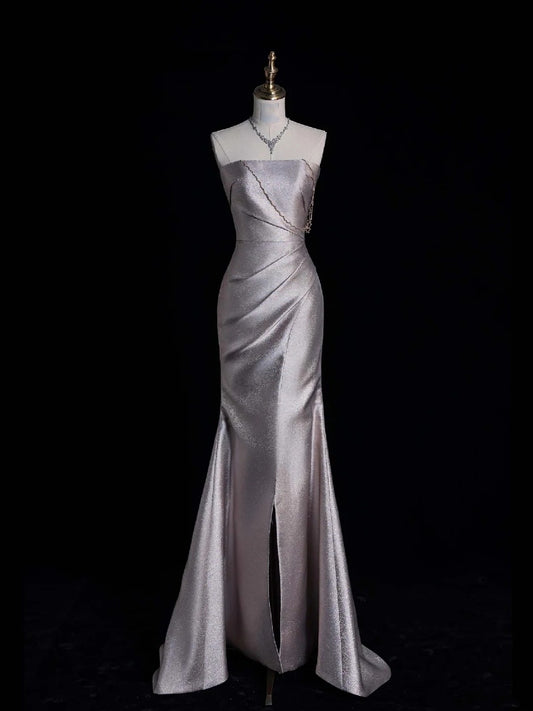 Retro Classy Mermaid Strapless Silver Gray Satin With Slit 1950s Long Prom Dresses Formal Gowns N865