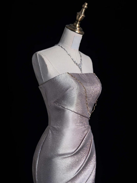 Retro Classy Mermaid Strapless Silver Gray Satin With Slit 1950s Long Prom Dresses Formal Gowns N865