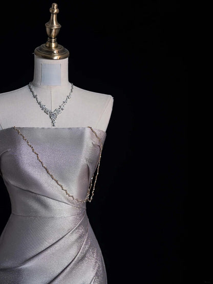 Retro Classy Mermaid Strapless Silver Gray Satin With Slit 1950s Long Prom Dresses Formal Gowns N865